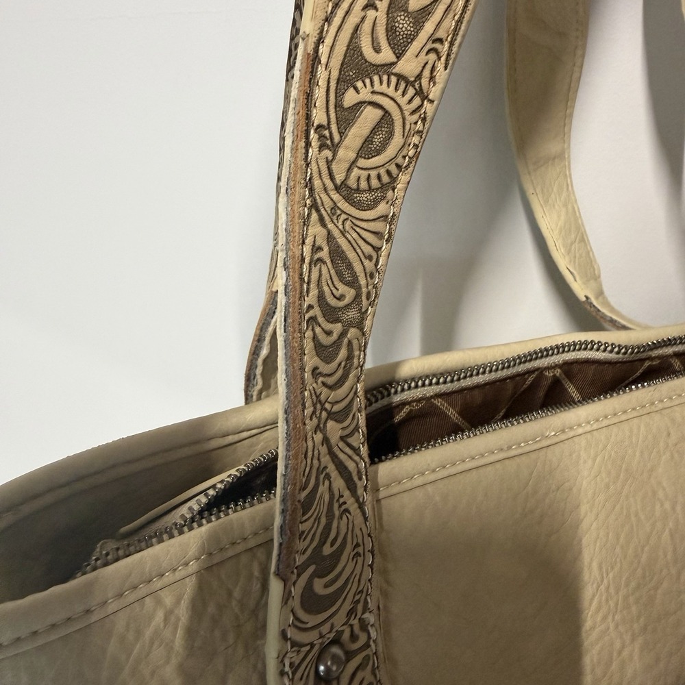 Wrangler Brown Western Tote Tooled Embossed Hair-On Fringe Zip Closure - Picture 6 of 8